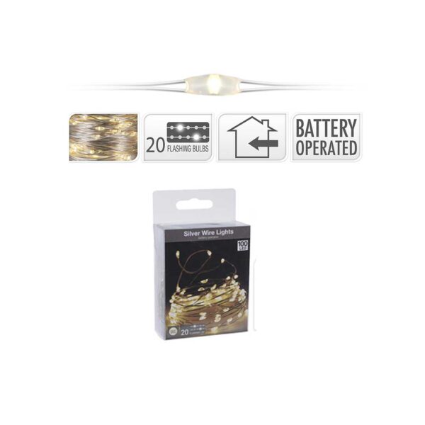 SILVER-WIRE-GOLDEN-100 LED- FLASHING-BULBS-BATTERY-OPERATED