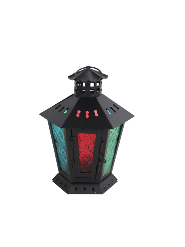 Lanterns Black with Colored-glass Hexagonal Base